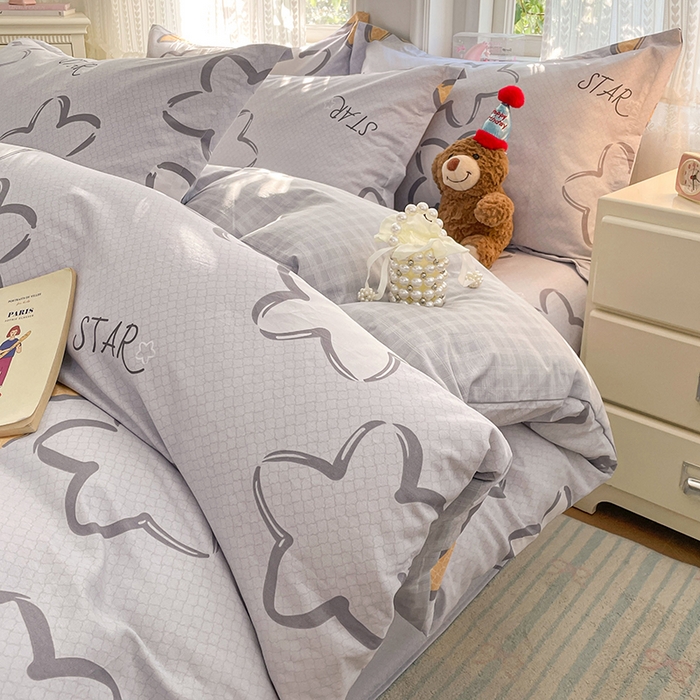 91家纺网 家纺一手货源 找家纺 世爵 2026春夏新款全棉纯棉印花小清新四件套 梦里星光-灰