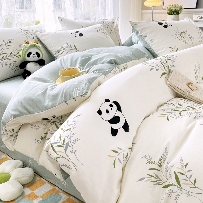 91家纺网 家纺一手货源 找家纺 世爵 2026春夏新款全棉纯棉印花小清新四件套 竹林熊猫