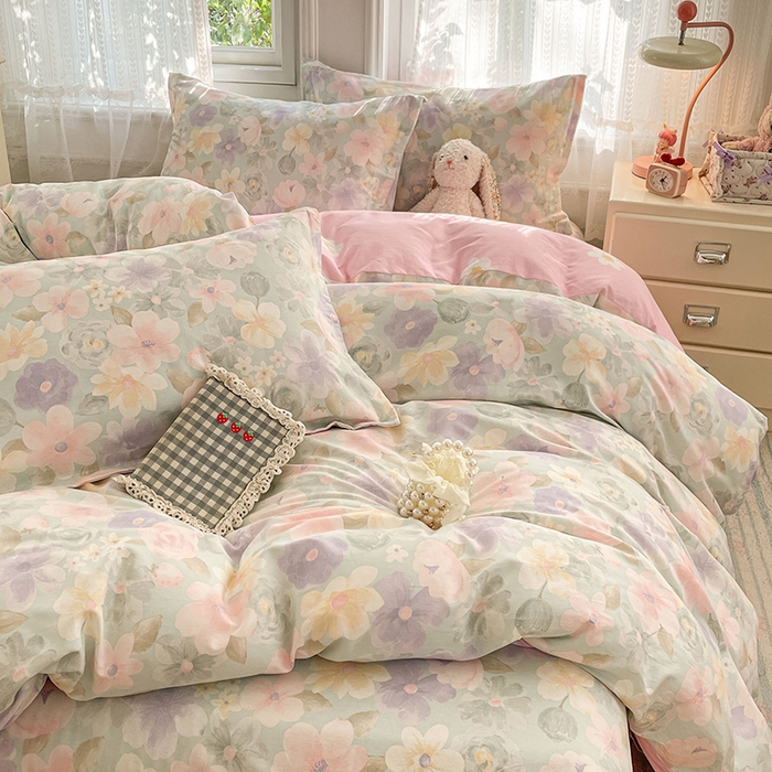 91家纺网 家纺一手货源 找家纺 世爵 2026春夏新款全棉纯棉印花小清新四件套 宁夏花苒