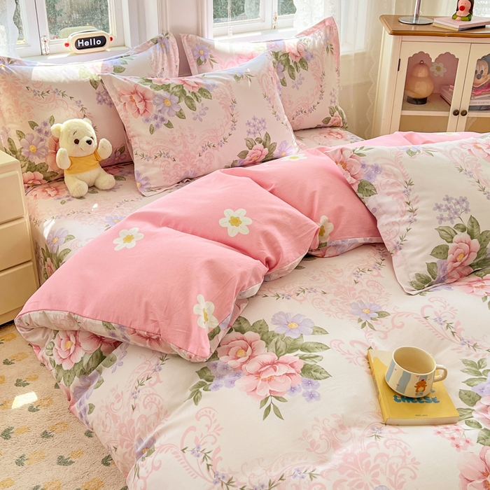 91家纺网 家纺一手货源 找家纺 世爵 2026春夏新款全棉纯棉印花小清新四件套 花叶倾城-粉