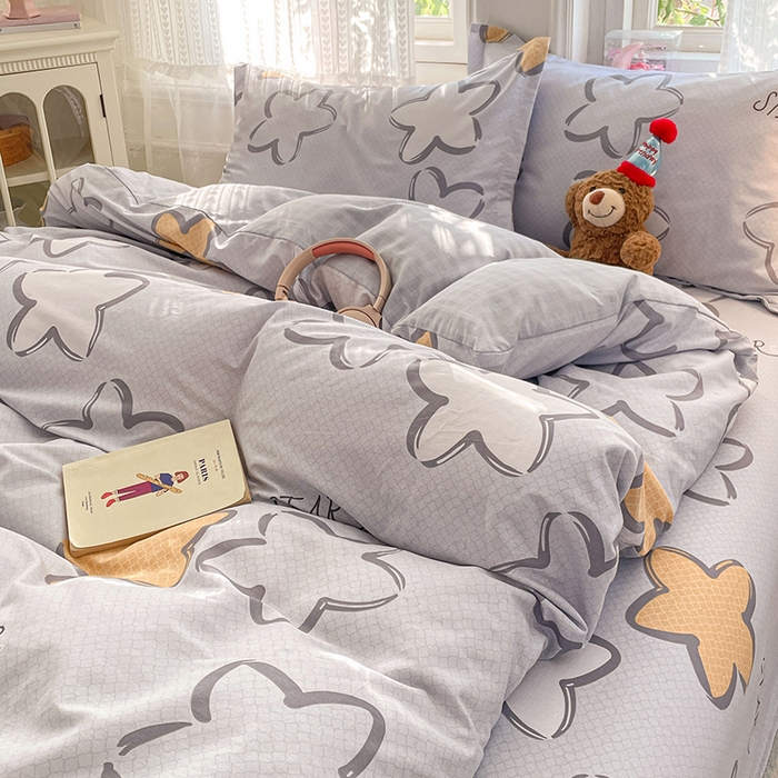 91家纺网 家纺一手货源 找家纺 世爵 2026春夏新款全棉纯棉印花小清新四件套 梦里星光-灰