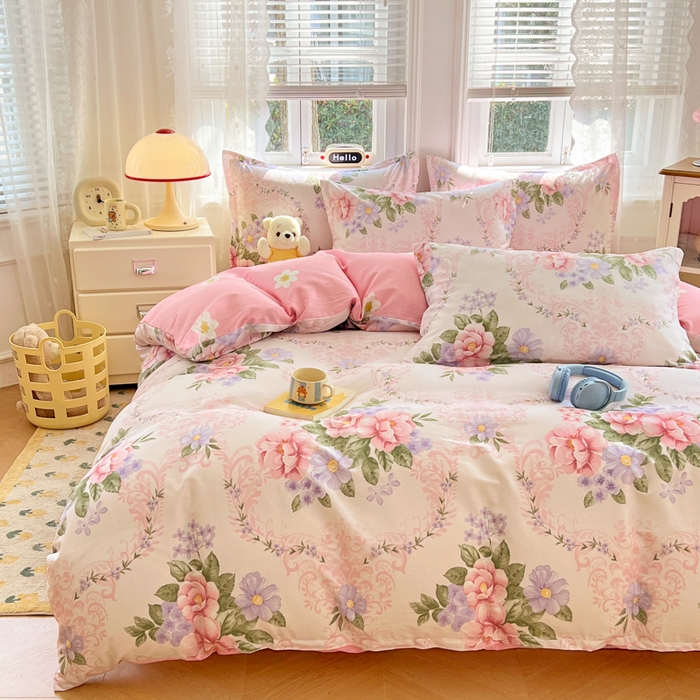 91家纺网 家纺一手货源 找家纺 世爵 2026春夏新款全棉纯棉印花小清新四件套 花叶倾城-粉