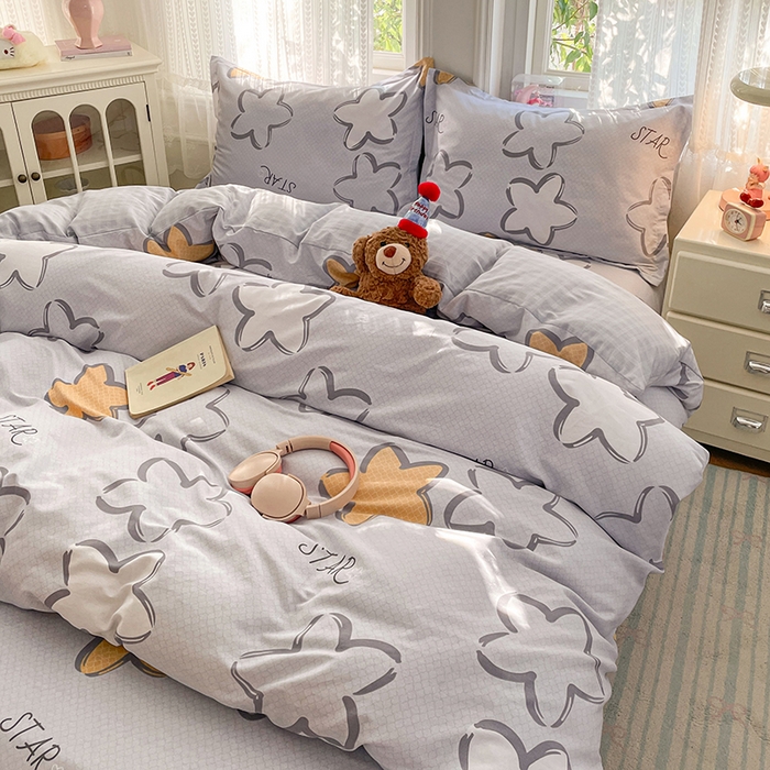 91家纺网 家纺一手货源 找家纺 世爵 2026春夏新款全棉纯棉印花小清新四件套 梦里星光-灰