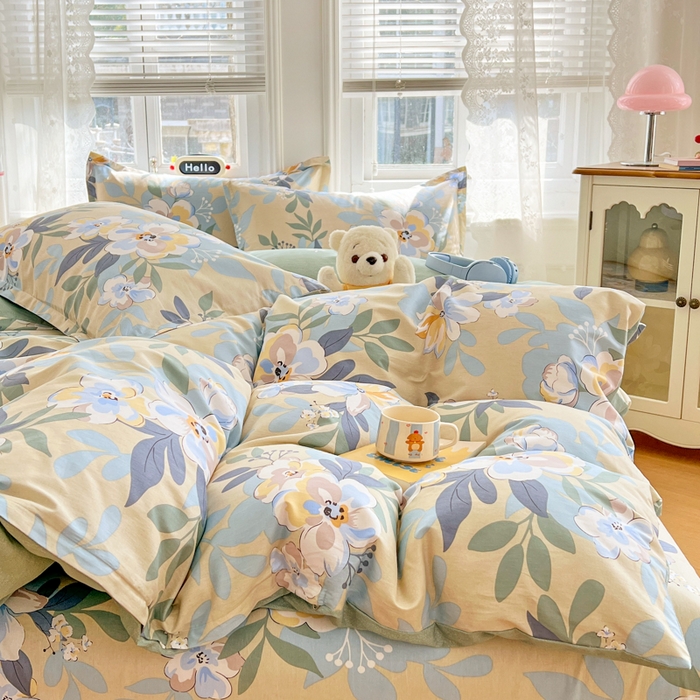 91家纺网 家纺一手货源 找家纺 世爵 2026春夏新款全棉纯棉印花小清新四件套 木棉花-绿