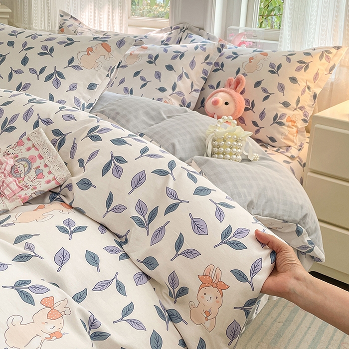 91家纺网 家纺一手货源 找家纺 世爵 2026春夏新款全棉纯棉印花小清新四件套 花园兔