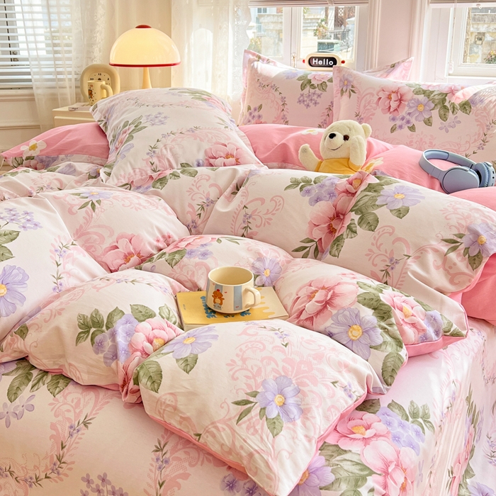 91家纺网 家纺一手货源 找家纺 世爵 2026春夏新款全棉纯棉印花小清新四件套 花叶倾城-粉