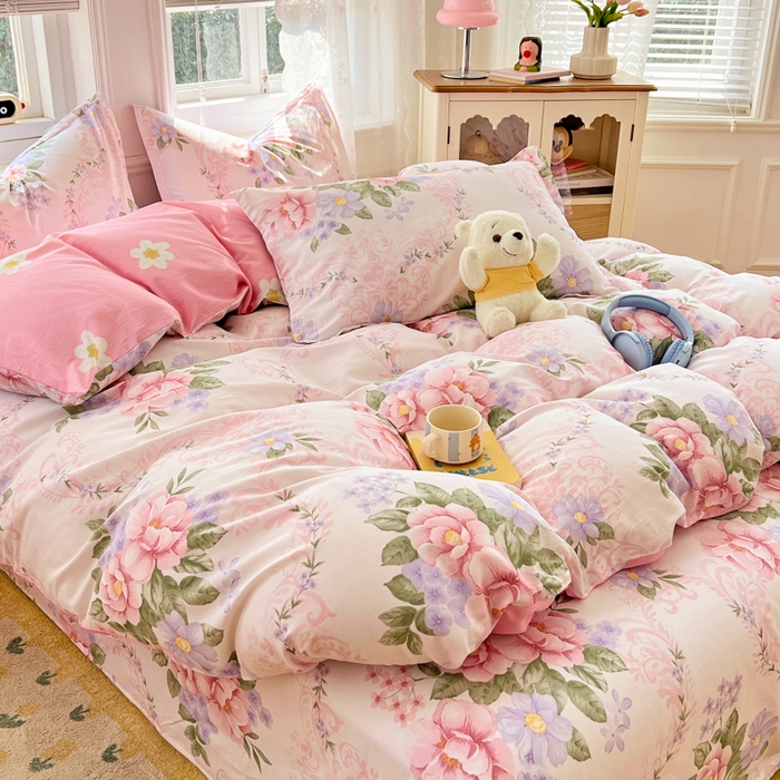 91家纺网 家纺一手货源 找家纺 世爵 2026春夏新款全棉纯棉印花小清新四件套 花叶倾城-粉