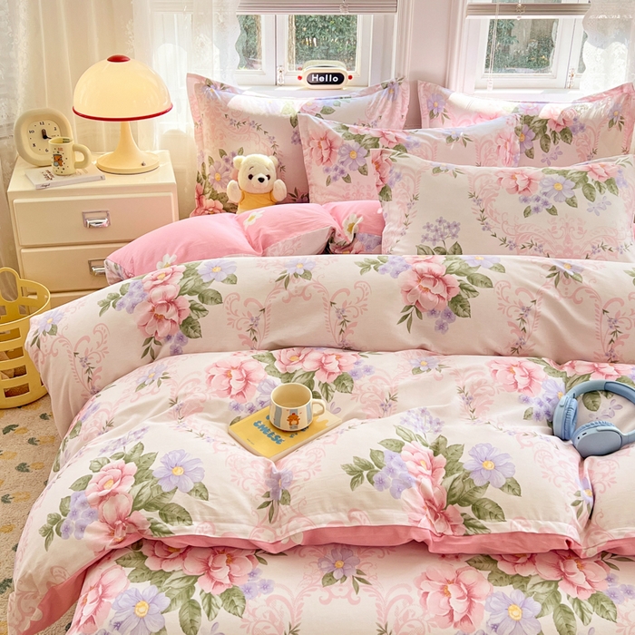 91家纺网 家纺一手货源 找家纺 世爵 2026春夏新款全棉纯棉印花小清新四件套 花叶倾城-粉