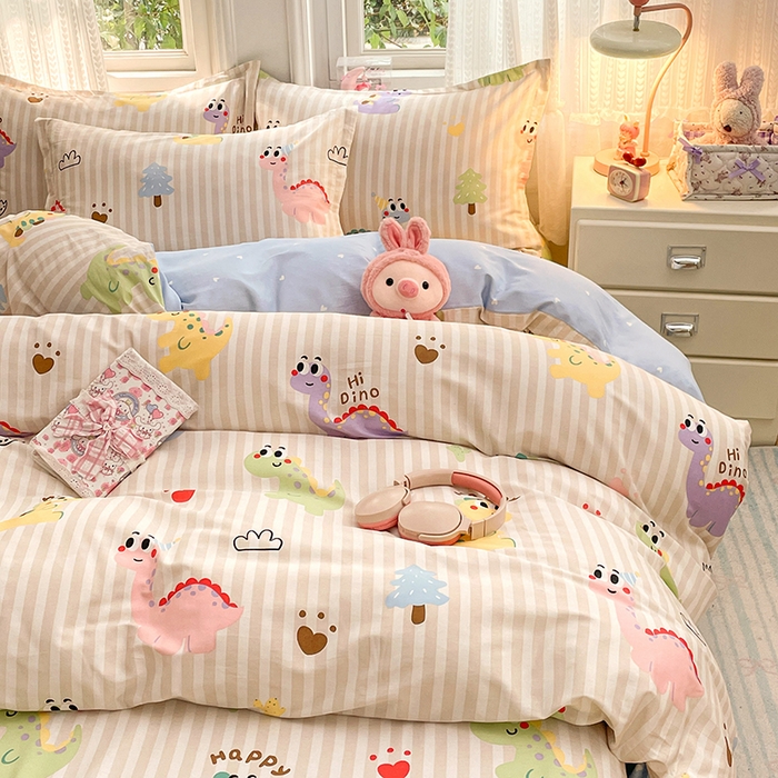 91家纺网 家纺一手货源 找家纺 世爵 2026春夏新款全棉纯棉印花小清新四件套 恐龙乐园