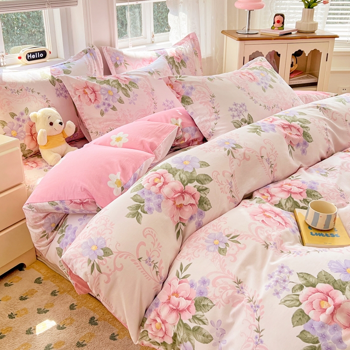 91家纺网 家纺一手货源 找家纺 世爵 2026春夏新款全棉纯棉印花小清新四件套 花叶倾城-粉