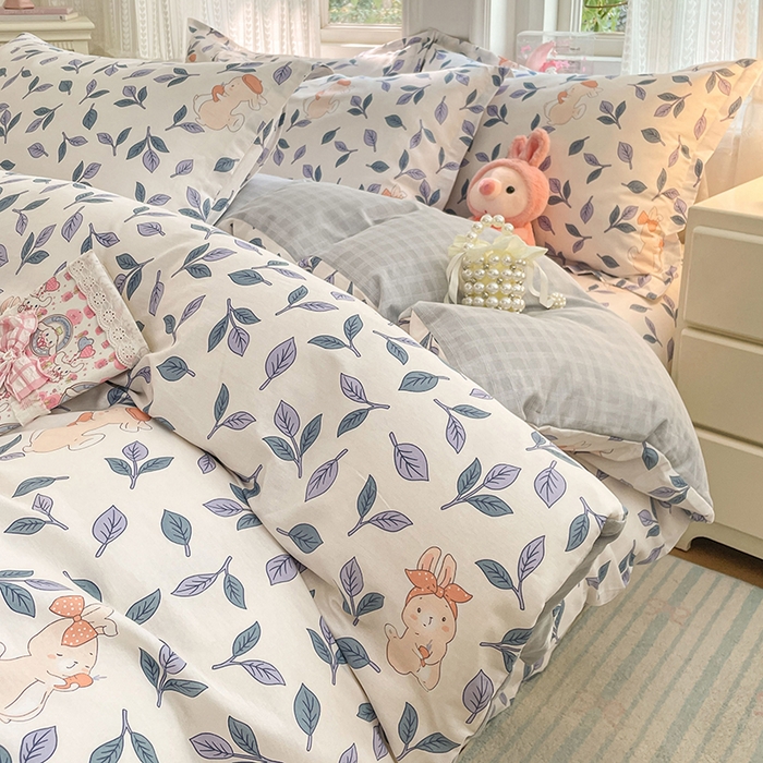 91家纺网 家纺一手货源 找家纺 世爵 2026春夏新款全棉纯棉印花小清新四件套 花园兔