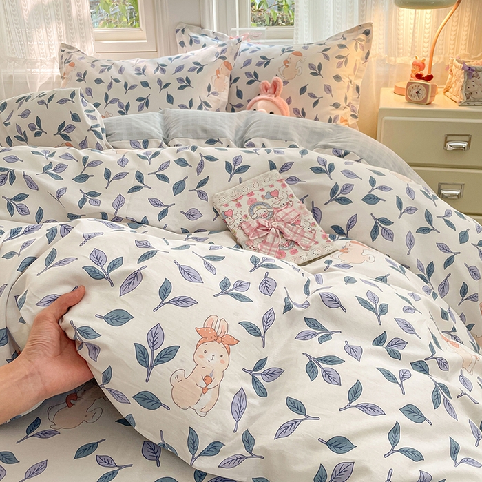 91家纺网 家纺一手货源 找家纺 世爵 2026春夏新款全棉纯棉印花小清新四件套 花园兔