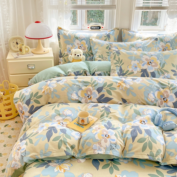 91家纺网 家纺一手货源 找家纺 世爵 2026春夏新款全棉纯棉印花小清新四件套 木棉花-绿