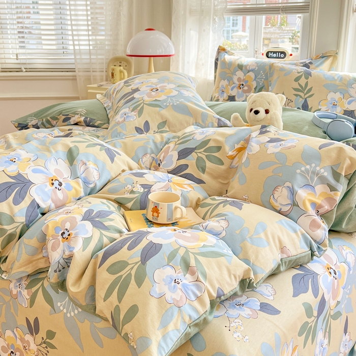 91家纺网 家纺一手货源 找家纺 世爵 2026春夏新款全棉纯棉印花小清新四件套 木棉花-绿