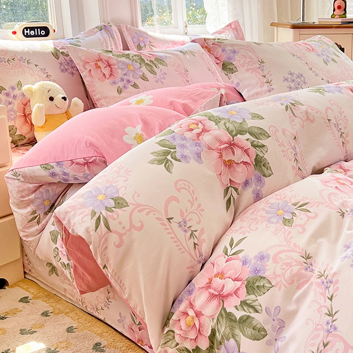 91家纺网 家纺一手货源 找家纺 世爵 2026春夏新款全棉纯棉印花小清新四件套 花叶倾城-粉