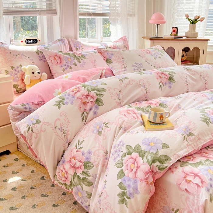 91家纺网 家纺一手货源 找家纺 世爵 2026春夏新款全棉纯棉印花小清新四件套 花叶倾城-粉