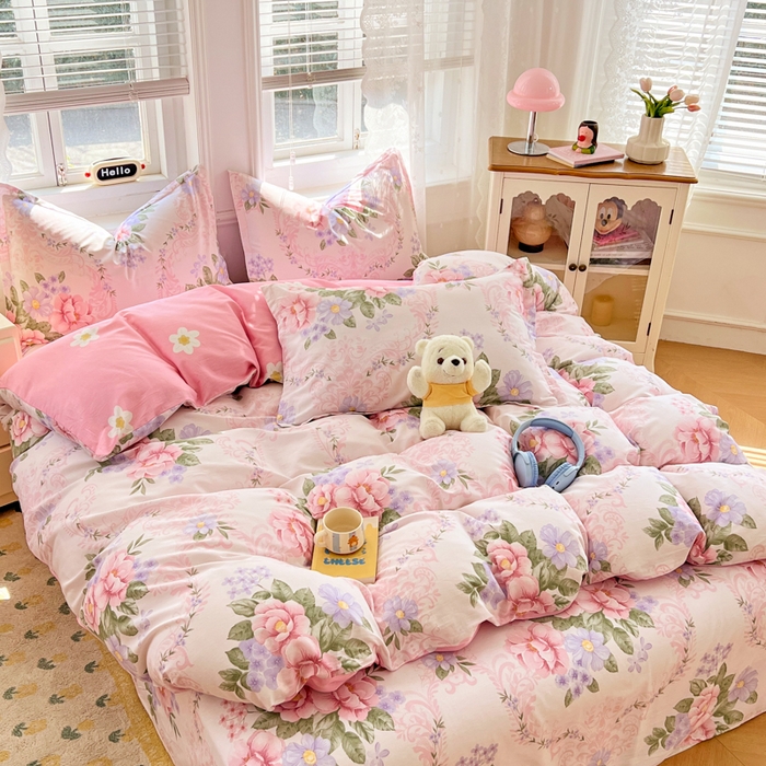 91家纺网 家纺一手货源 找家纺 世爵 2026春夏新款全棉纯棉印花小清新四件套 花叶倾城-粉