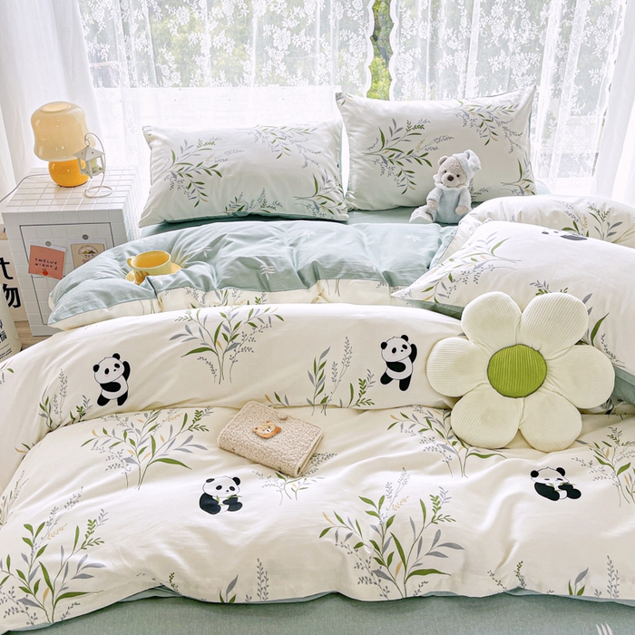 91家纺网 家纺一手货源 找家纺 世爵 2026春夏新款全棉纯棉印花小清新四件套 竹林熊猫