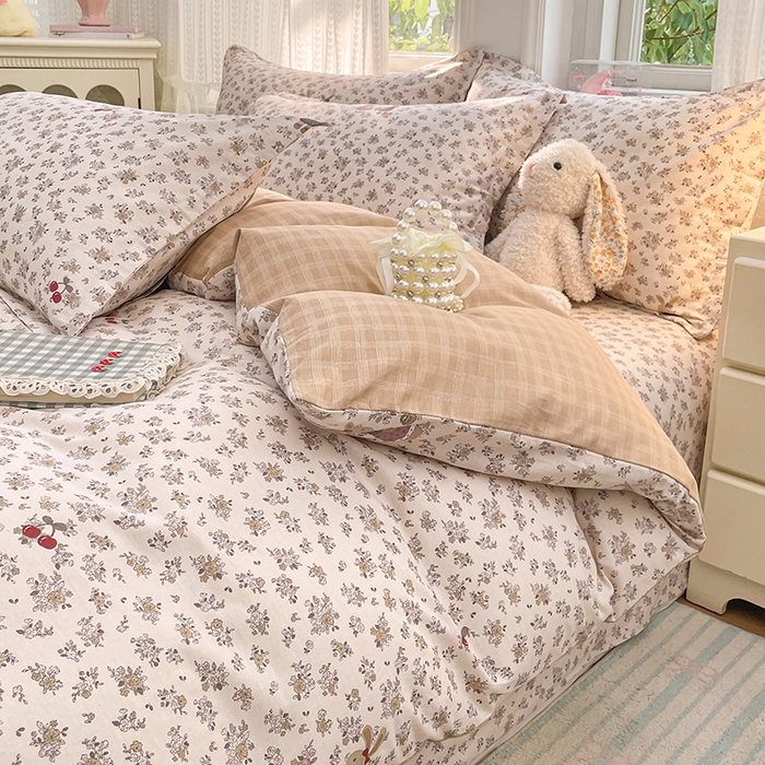 91家纺网 家纺一手货源 找家纺 世爵 2026春夏新款全棉纯棉印花小清新四件套 田园小兔