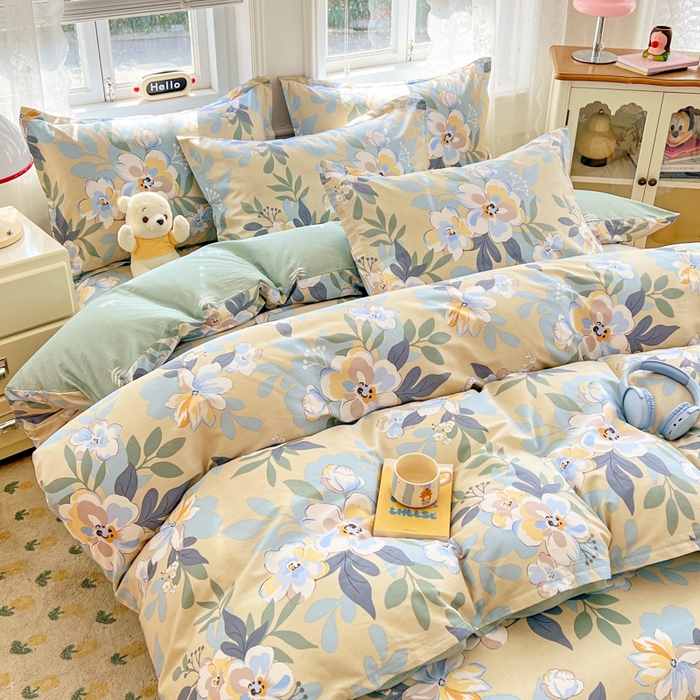 91家纺网 家纺一手货源 找家纺 世爵 2026春夏新款全棉纯棉印花小清新四件套 木棉花-绿