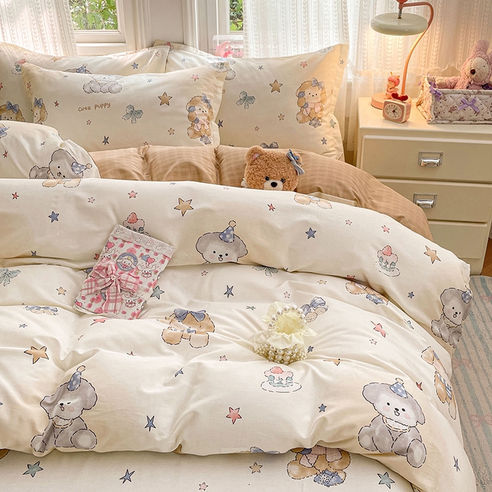 91家纺网 家纺一手货源 找家纺 世爵 2026春夏新款全棉纯棉印花小清新四件套 宇宙小熊