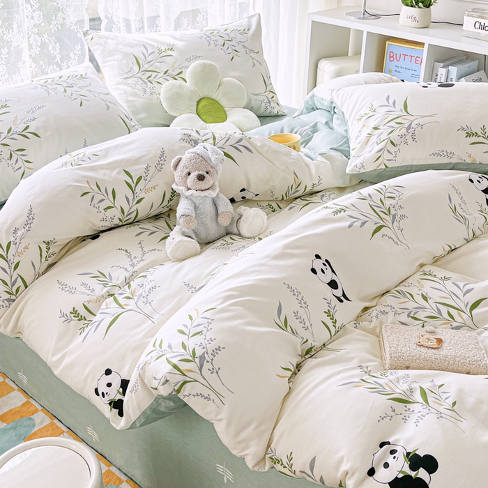 91家纺网 家纺一手货源 找家纺 世爵 2026春夏新款全棉纯棉印花小清新四件套 竹林熊猫