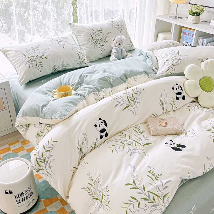 91家纺网 家纺一手货源 找家纺 世爵 2026春夏新款全棉纯棉印花小清新四件套 竹林熊猫