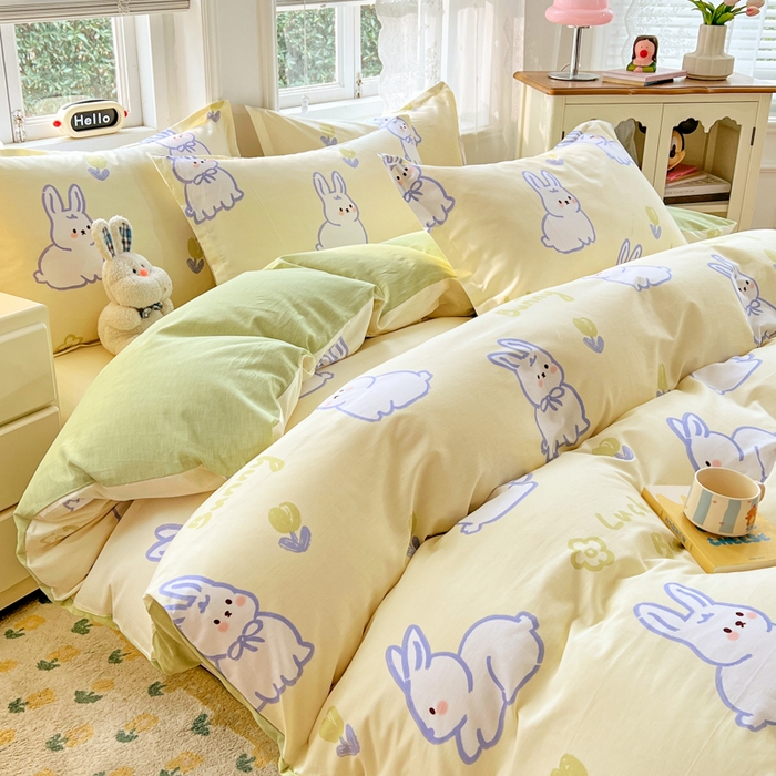 91家纺网 家纺一手货源 找家纺 世爵 2026春夏新款全棉纯棉印花小清新四件套 吉祥兔