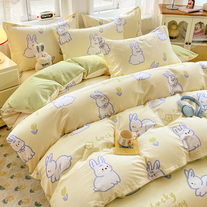 91家纺网 家纺一手货源 找家纺 世爵 2026春夏新款全棉纯棉印花小清新四件套 吉祥兔