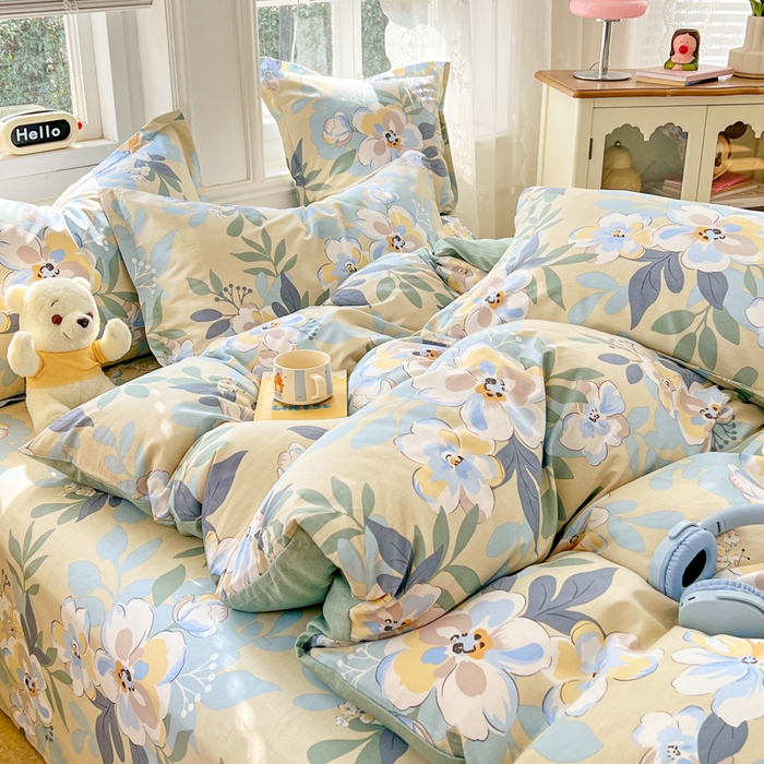 91家纺网 家纺一手货源 找家纺 世爵 2026春夏新款全棉纯棉印花小清新四件套 木棉花-绿