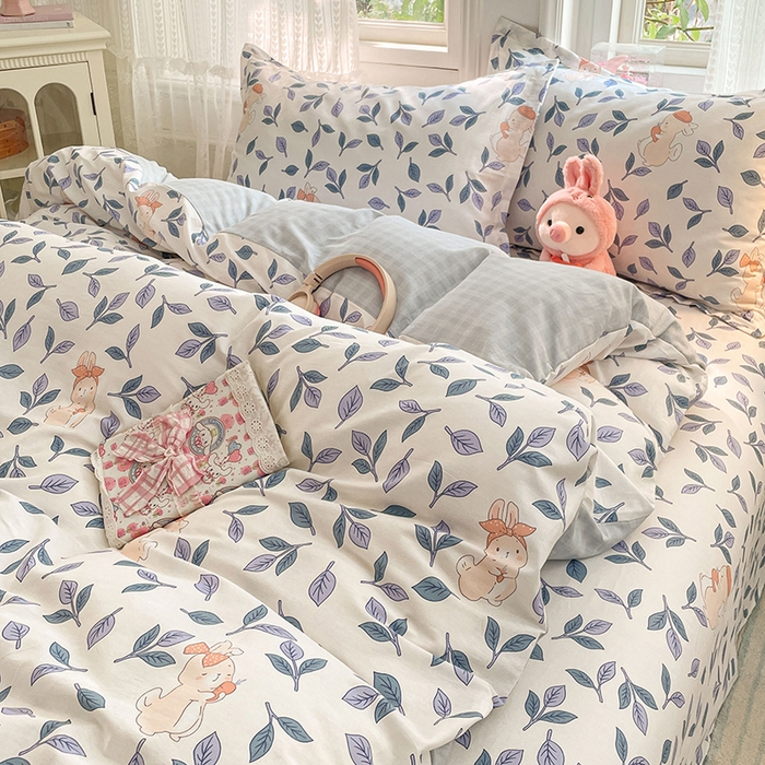 91家纺网 家纺一手货源 找家纺 世爵 2026春夏新款全棉纯棉印花小清新四件套 花园兔