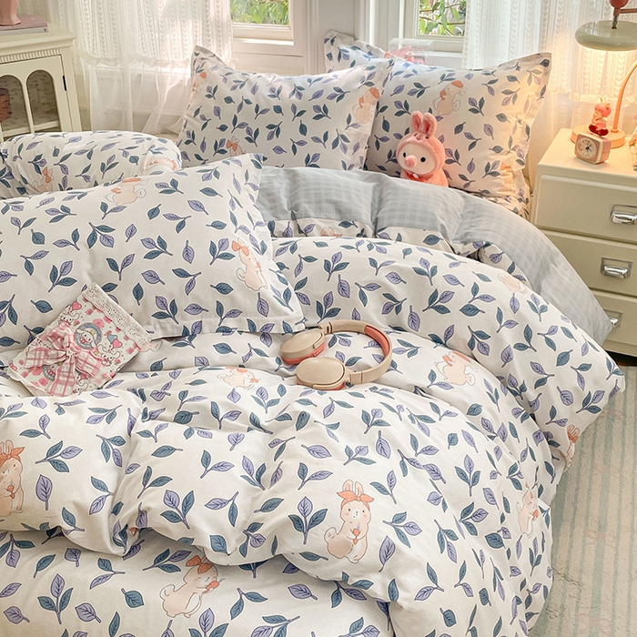 91家纺网 家纺一手货源 找家纺 世爵 2026春夏新款全棉纯棉印花小清新四件套 花园兔