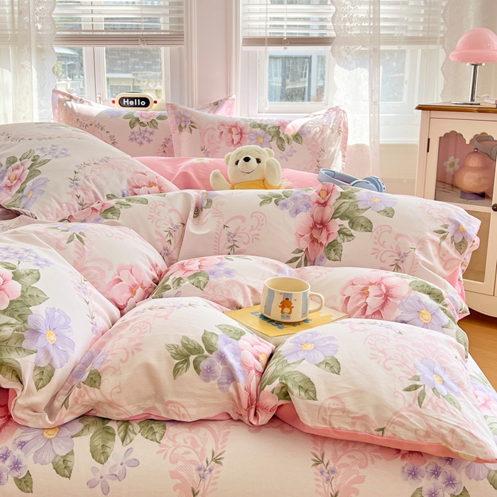 91家纺网 家纺一手货源 找家纺 世爵 2026春夏新款全棉纯棉印花小清新四件套 花叶倾城-粉