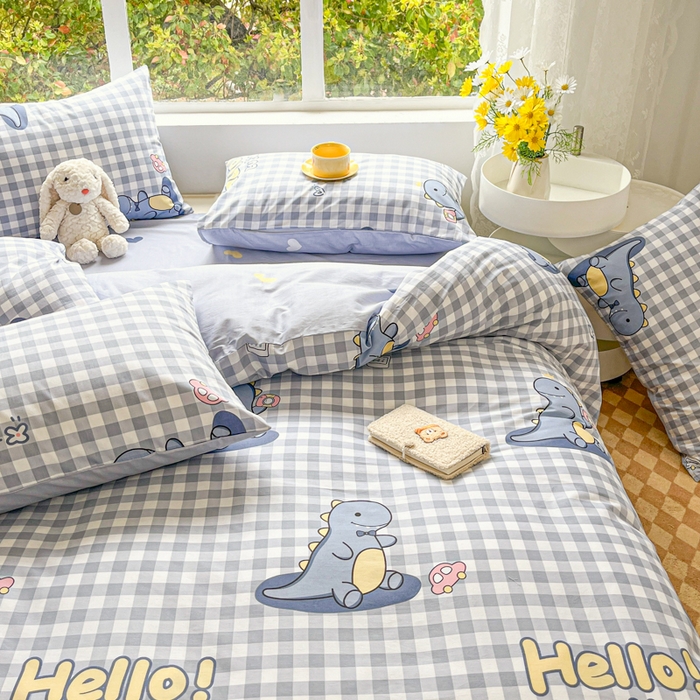 91家纺网 家纺一手货源 找家纺 世爵 2026春夏新款全棉纯棉印花小清新四件套 恐龙世界