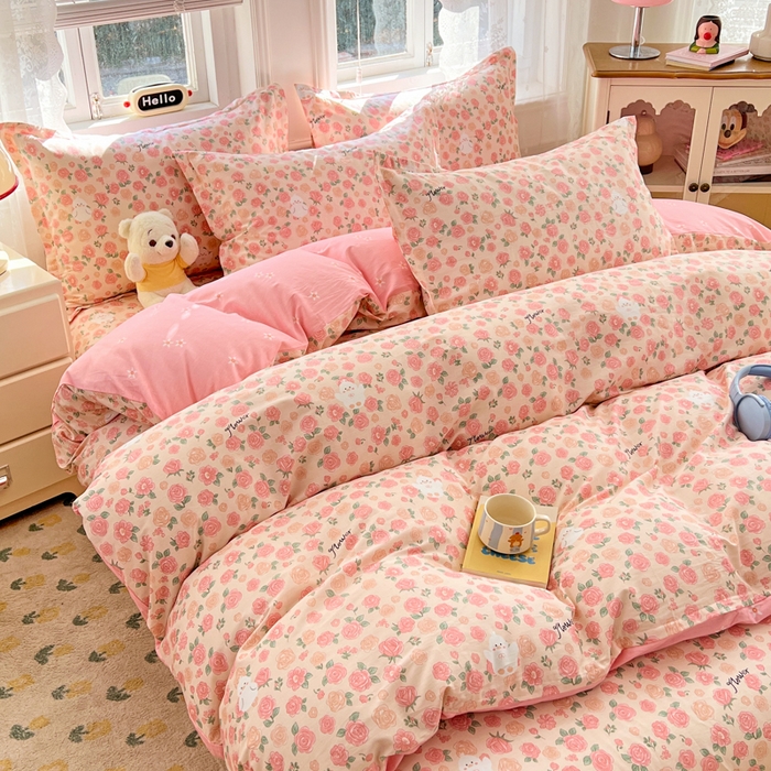 91家纺网 家纺一手货源 找家纺 世爵 2026春夏新款全棉纯棉印花小清新四件套 浓情玫瑰