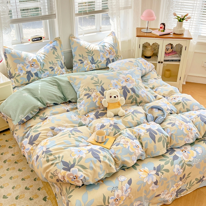 91家纺网 家纺一手货源 找家纺 世爵 2026春夏新款全棉纯棉印花小清新四件套 木棉花-绿