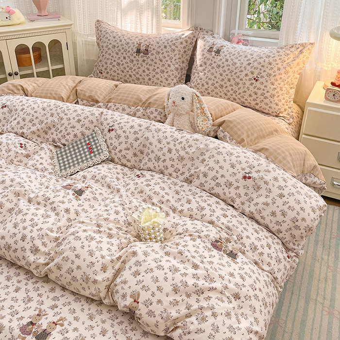 91家纺网 家纺一手货源 找家纺 世爵 2026春夏新款全棉纯棉印花小清新四件套 田园小兔