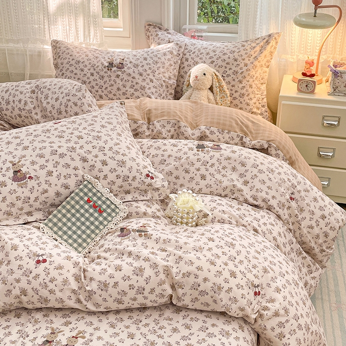 91家纺网 家纺一手货源 找家纺 世爵 2026春夏新款全棉纯棉印花小清新四件套 田园小兔