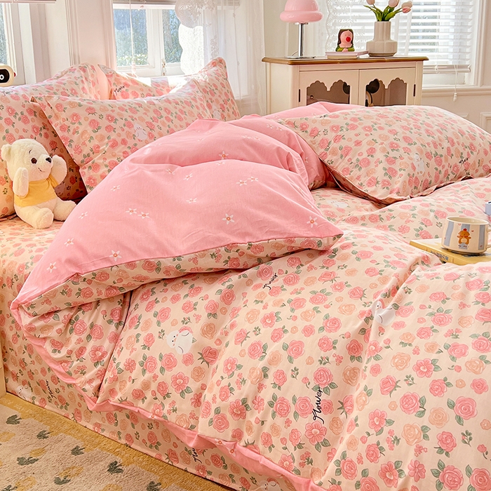 91家纺网 家纺一手货源 找家纺 世爵 2026春夏新款全棉纯棉印花小清新四件套 浓情玫瑰