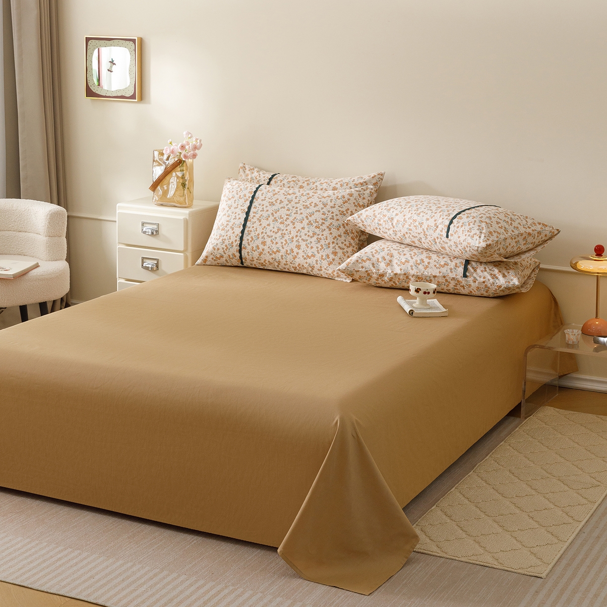 91家纺网 家纺一手货源 找家纺 简宜家居（朝初家纺） 2026新款13070全棉纯棉40支斜纹蕾丝四件套 橘果团子