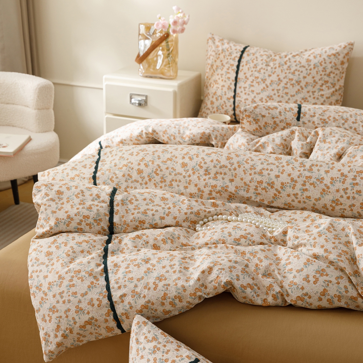 91家纺网 家纺一手货源 找家纺 简宜家居（朝初家纺） 2026新款13070全棉纯棉40支斜纹蕾丝四件套 橘果团子