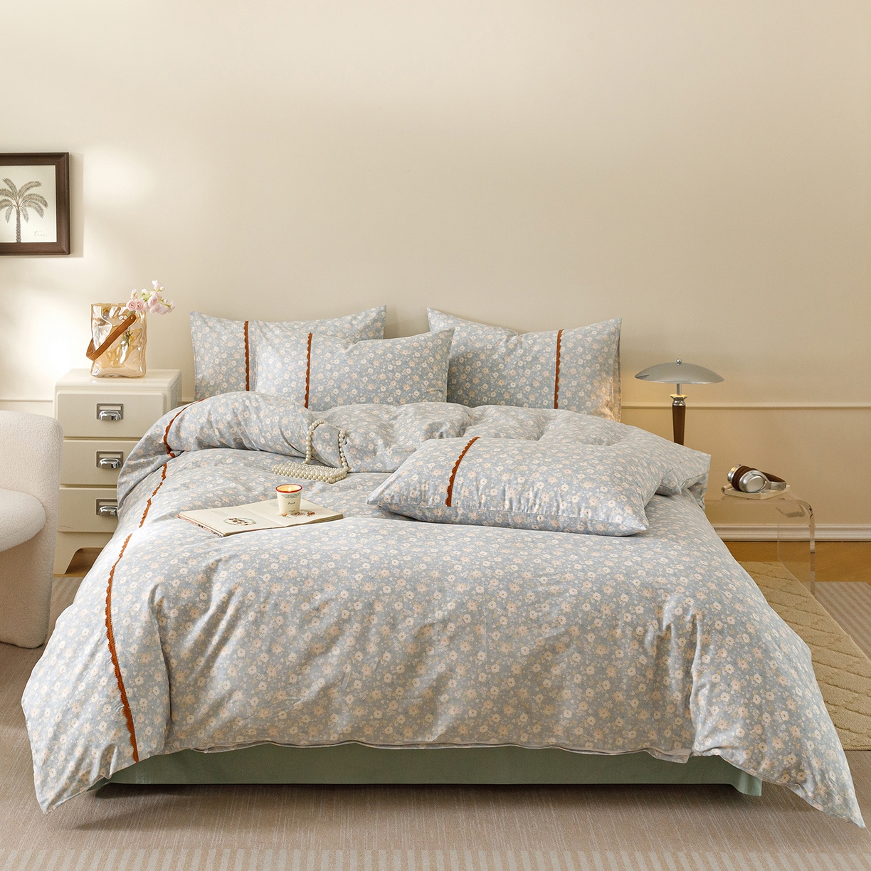 91家纺网 家纺一手货源 找家纺 简宜家居（朝初家纺） 2026新款13070全棉纯棉40支斜纹蕾丝四件套 蓝调花册