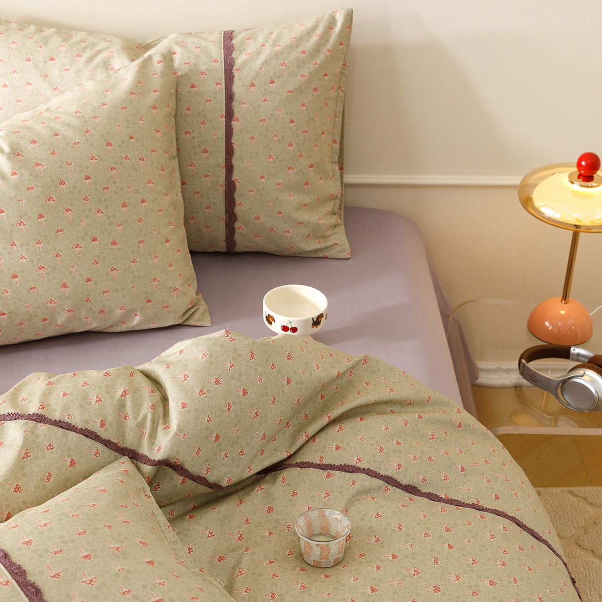 91家纺网 家纺一手货源 找家纺 简宜家居（朝初家纺） 2026新款13070全棉纯棉40支斜纹蕾丝四件套 青柠果络