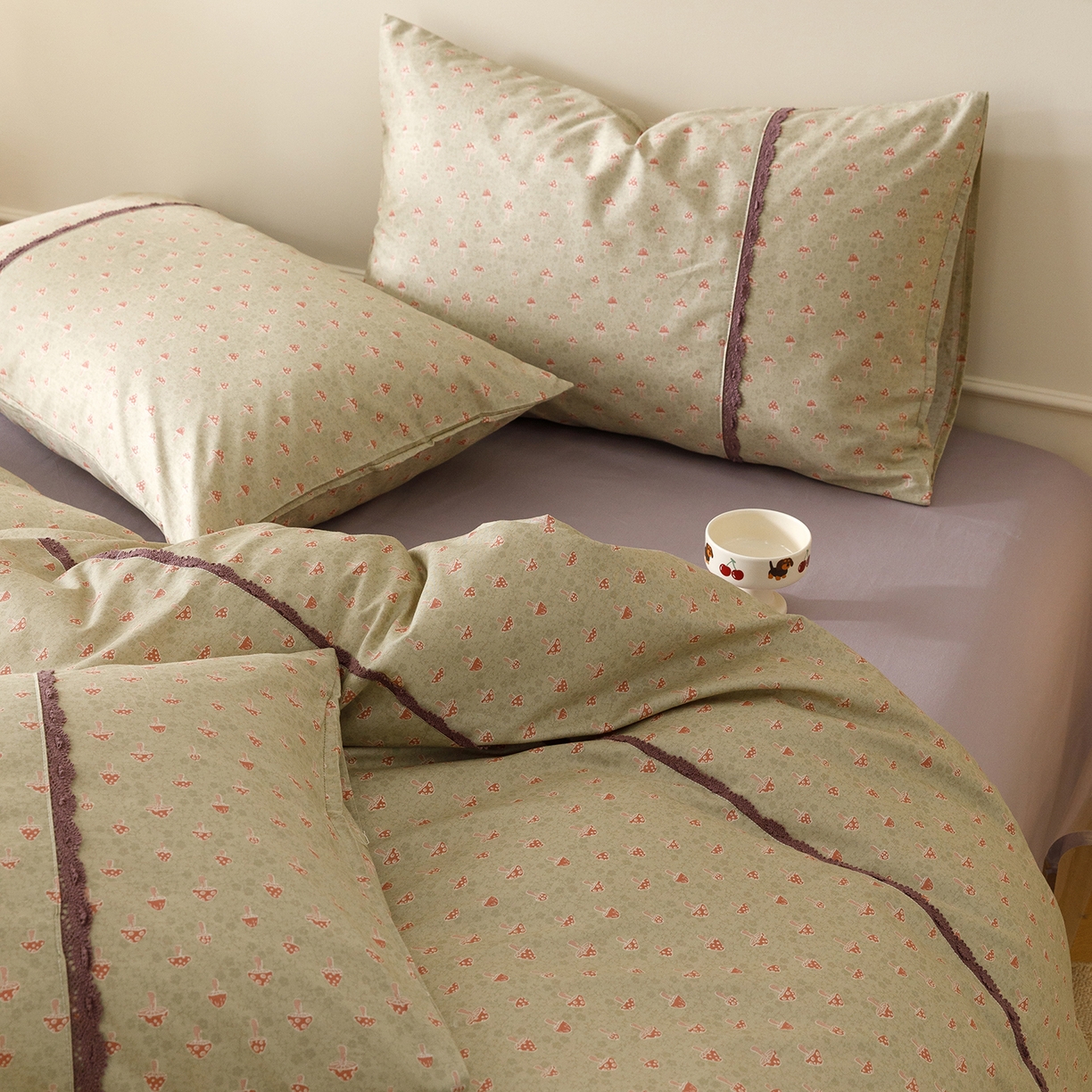 91家纺网 家纺一手货源 找家纺 简宜家居（朝初家纺） 2026新款13070全棉纯棉40支斜纹蕾丝四件套 青柠果络