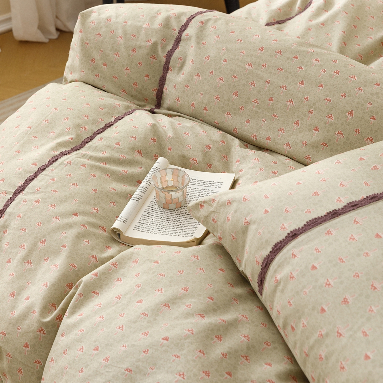 91家纺网 家纺一手货源 找家纺 简宜家居（朝初家纺） 2026新款13070全棉纯棉40支斜纹蕾丝四件套 青柠果络