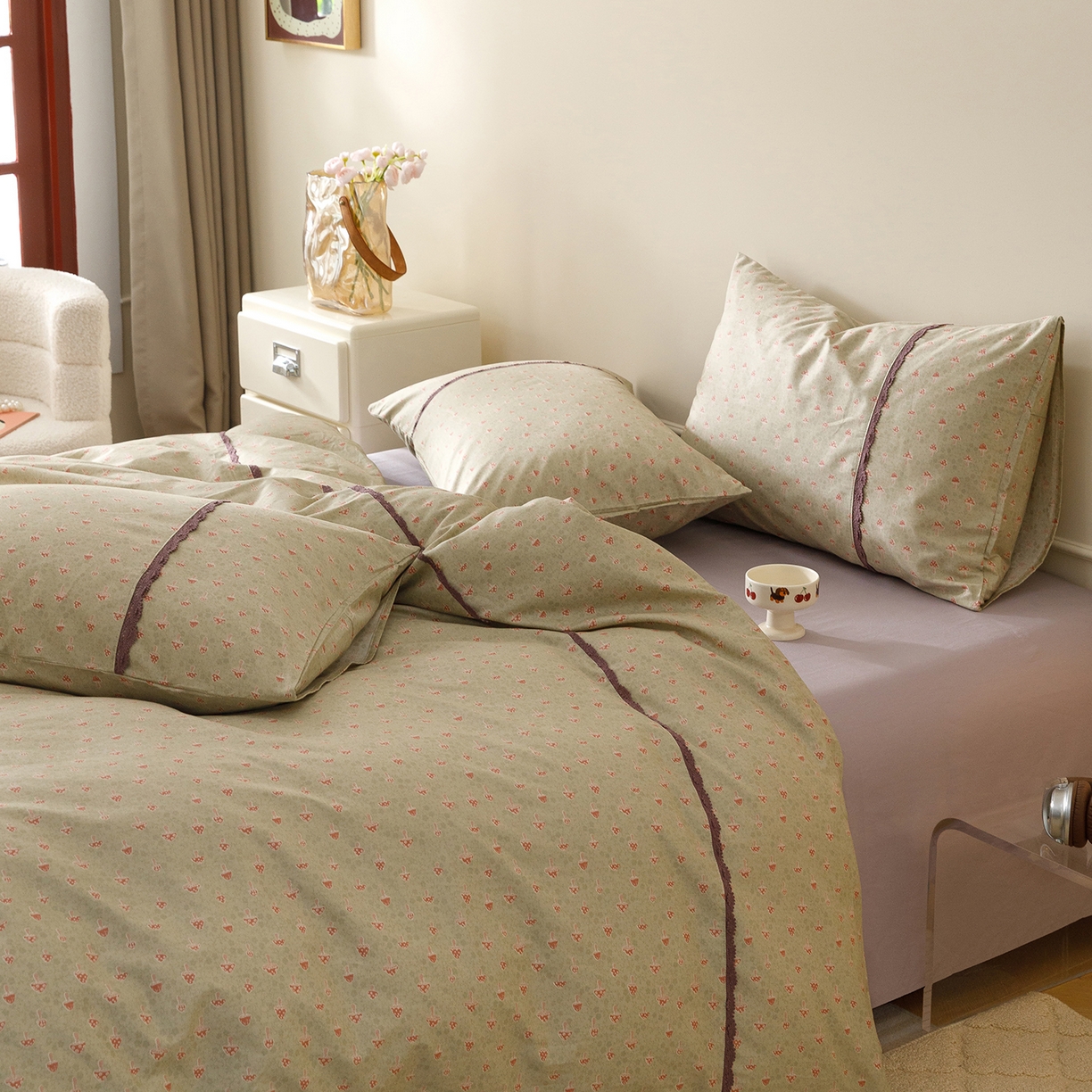 91家纺网 家纺一手货源 找家纺 简宜家居（朝初家纺） 2026新款13070全棉纯棉40支斜纹蕾丝四件套 青柠果络