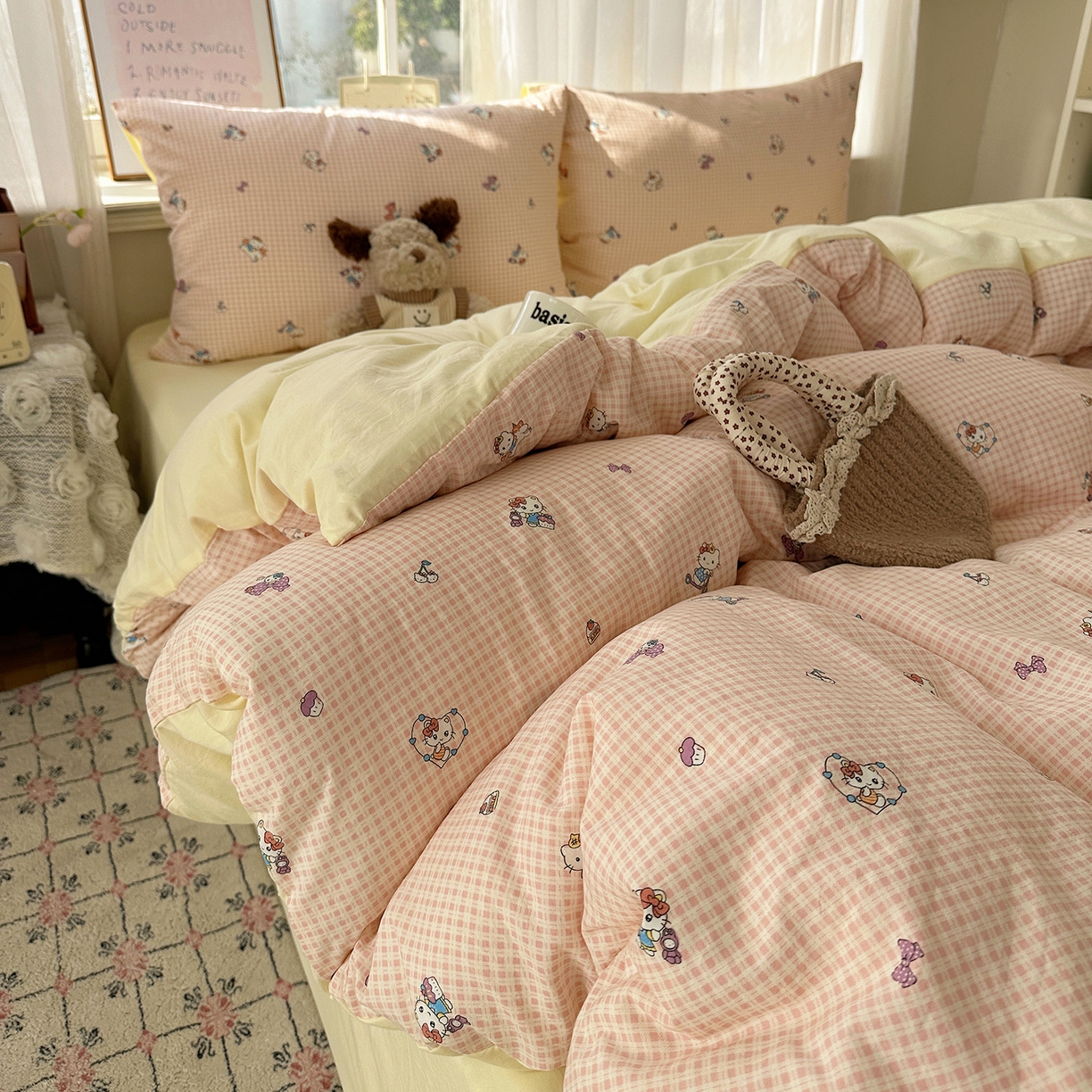 91家纺网 家纺一手货源 找家纺 沐芷 2026 【提供买家秀】古法水洗仿棉A类四件套床上用品三件套被套被罩床笠款---第二波 格恋KT猫