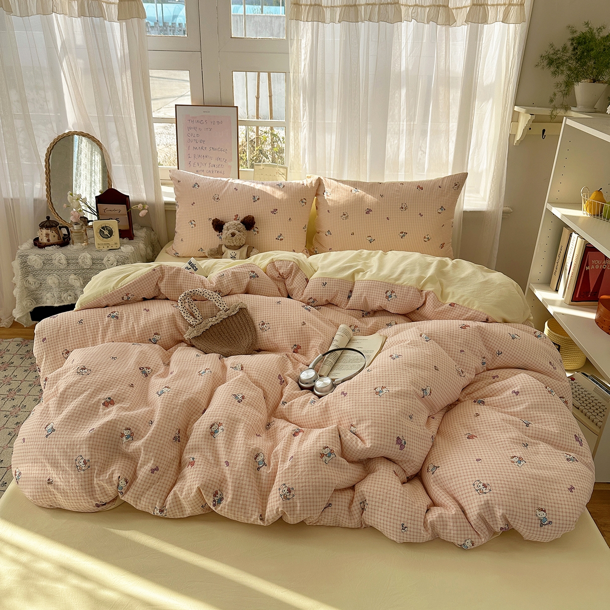 91家纺网 家纺一手货源 找家纺 沐芷 2026 【提供买家秀】古法水洗仿棉A类四件套床上用品三件套被套被罩床笠款---第二波 格恋KT猫