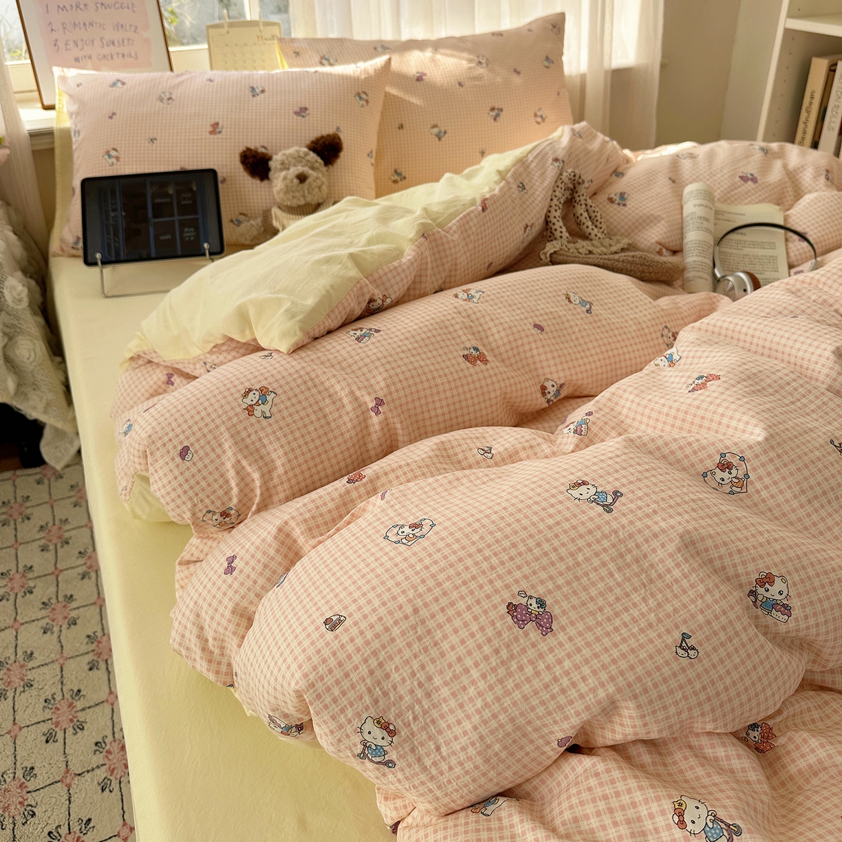 91家纺网 家纺一手货源 找家纺 沐芷 2026 【提供买家秀】古法水洗仿棉A类四件套床上用品三件套被套被罩床笠款---第二波 格恋KT猫