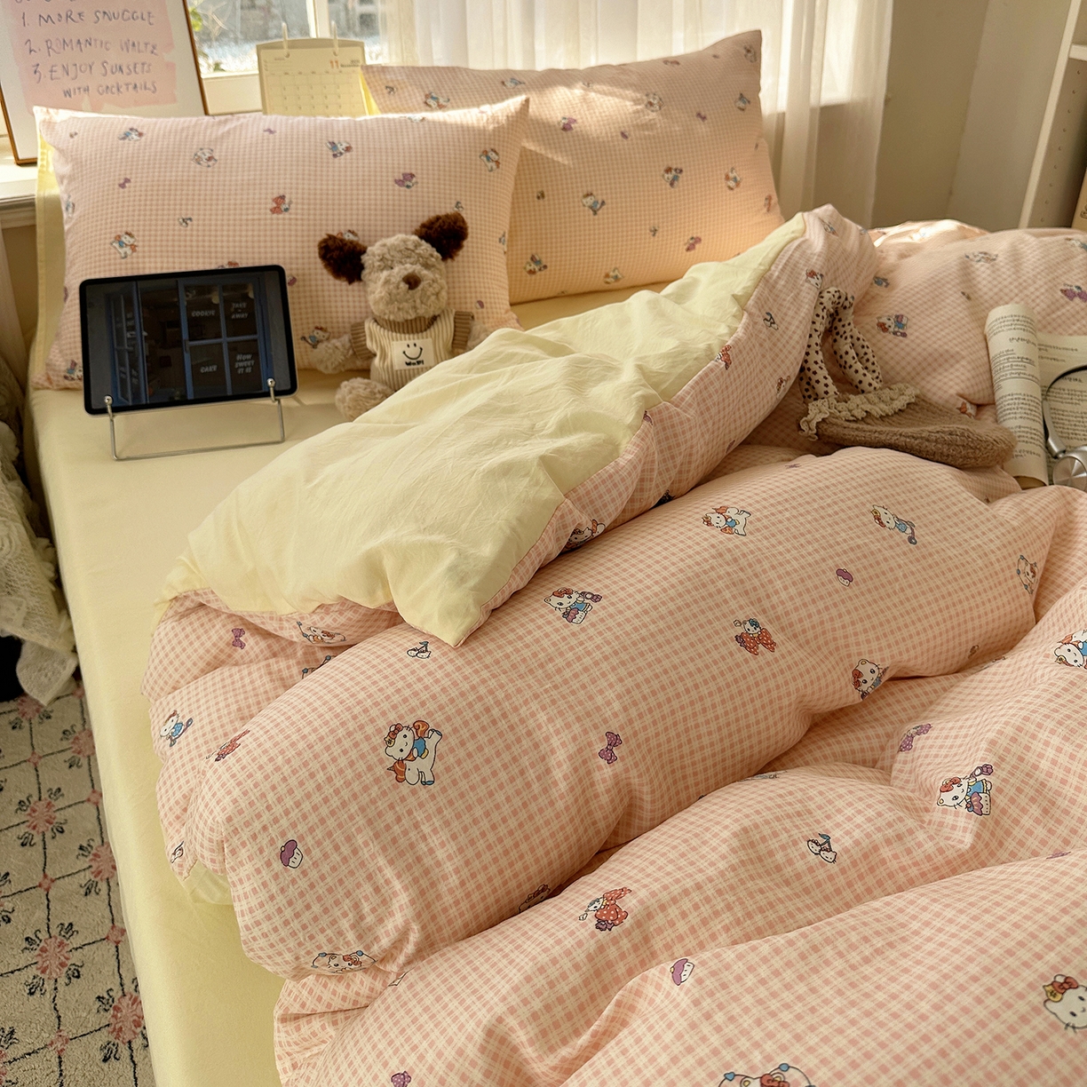 91家纺网 家纺一手货源 找家纺 沐芷 2026 【提供买家秀】古法水洗仿棉A类四件套床上用品三件套被套被罩床笠款---第二波 格恋KT猫